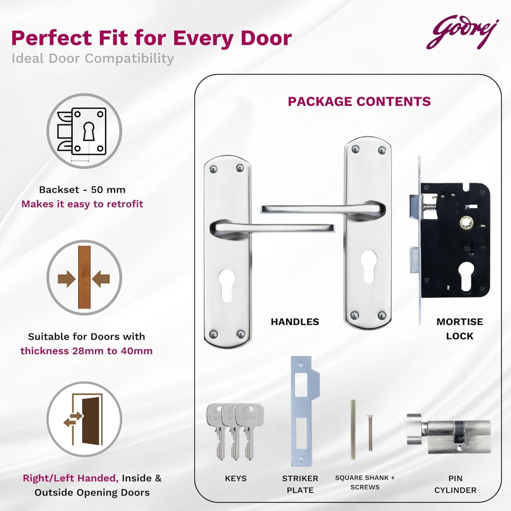 Godrej Mortise Lock I Handle Set 1CK EM02 I Satin Steel Finish I 6-Lever Lock I 3 Keys I Double Throw I Left or Right Handed Door Operation I Mortise Lock with Latch for Home | 5 Years Warranty
